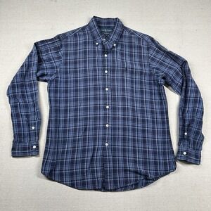 Ralph Lauren Shirt Mens L Silk Linen Blend Button Down Plaid Navy Blue Beachy